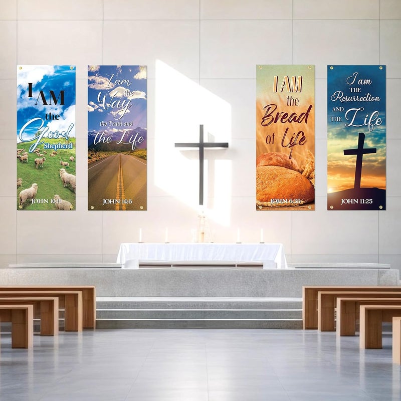 FuWeave 4 Pcs Church Banners with Scripture- I Am The Good Shepherd/way/bread/resurrection for Sanctuary Wall, Christian Praise Worship Bible Signs for Religious Festivals, Church Event, Prayers - Image 4
